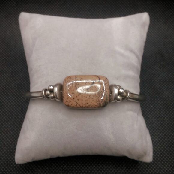 Jasper Gemstone Bracelet Artisan 18 x 20mm Square Stone Bead Silver Metal Unisex - Picture 4 of 13